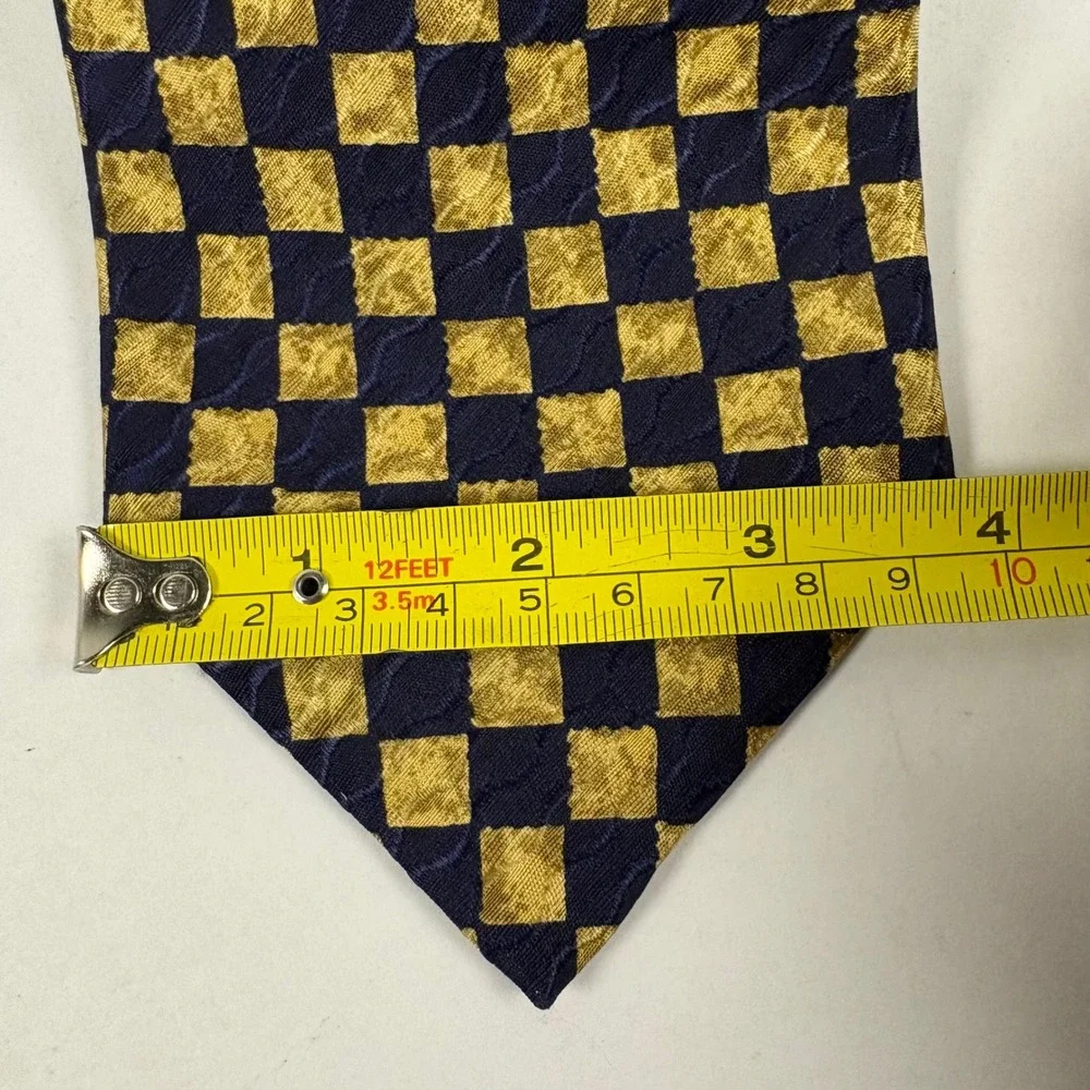 Ermenegildo Zegna Tie Mens OS Gold Navy Blue Checkered Silk Italy Luxury 0457